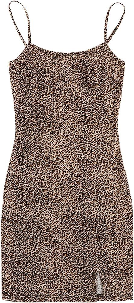 SheIn Women's Casual Leopard Cami Dress Sleeveless Strap Bodycon Split Mini Party Club Dress | Amazon (US)