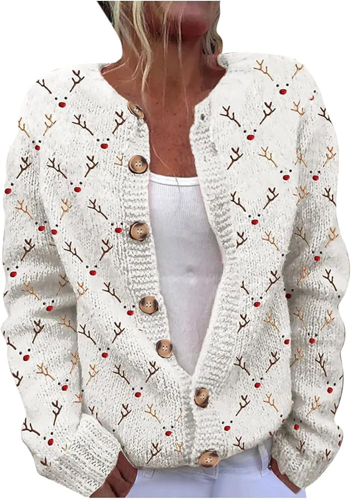 Christmas Sweaters for Women Long Sleeve Ugly Funny Xmas Tree Print Button Cardigans Fall Winter ... | Amazon (US)