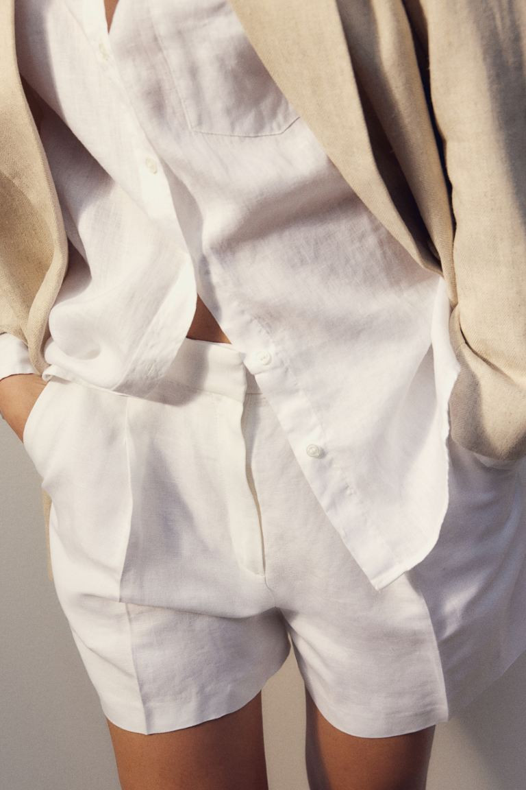 Linen-blend Shorts - High waist - Short - White - Ladies | H&M US | H&M (US + CA)
