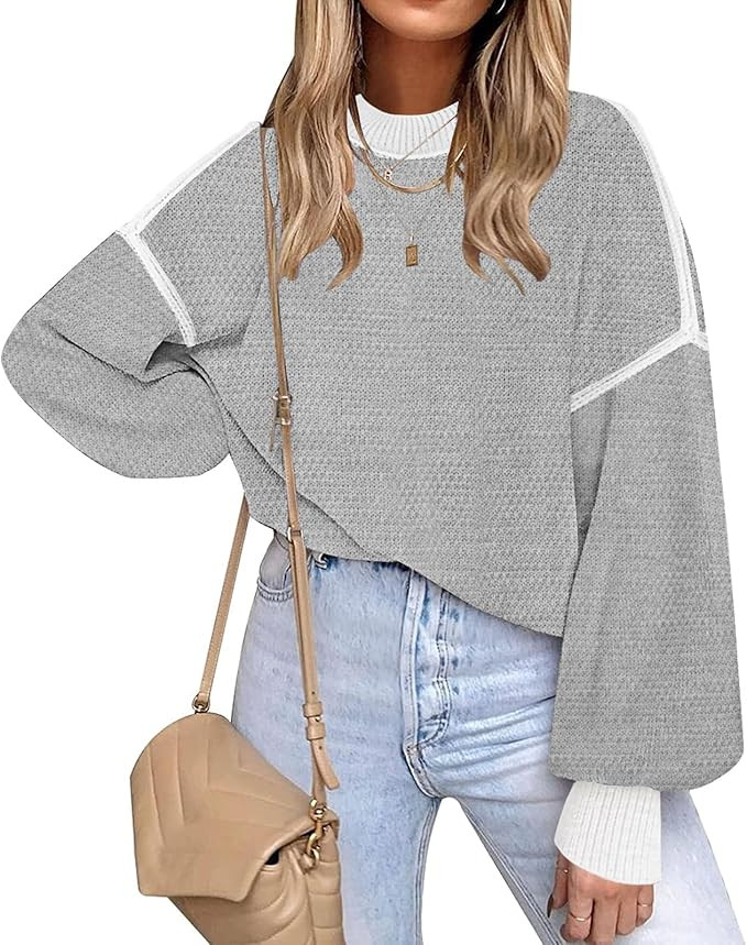 Fall Clothes for Women 2025 Trendy Fashion Oversized Sweaters Color Block Long Sleeve Knited Pull... | Amazon (US)