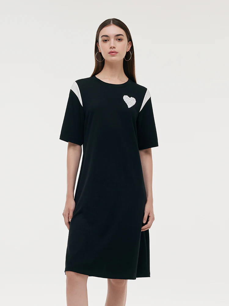 Color Block Sequined Heart Women T-Shirt Midi Dress - Black / S | GOELIA