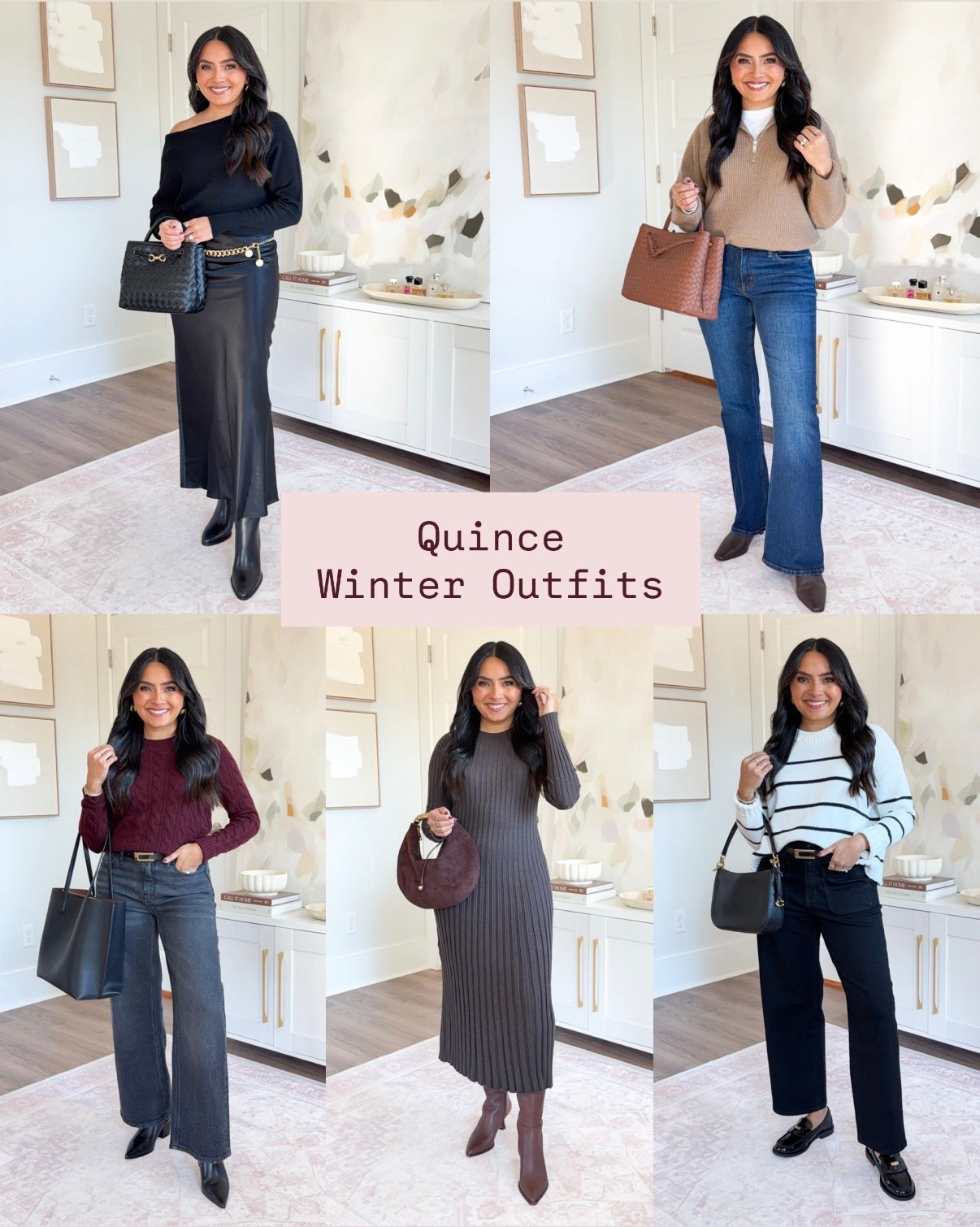 Quince Winter Outfits - Petite Friendly!
For reference: I’m 5’0, 32b bra size, and 2/26 in bottoms, pear shaped. 
*Everything I share is unaltered! TTS means true to size. Between size 5-6.6 in shoes

Black boatneck sweater size xs TTS
Chain belt one size TTS
Black maxi skirt size xs TTS
Black boots size 5.5 TTS

Teak cashmere pullover size xs TTS
White tee size xs TTS
Midnight blue flare jeans size 26, 30” inseam TTS
Dark brown leather boots size xs TTS

Burgundy sweater size xs TTS
Charcoal black straight jeans size 26, 28” inseam TTS
Black belt size small TTS
Black boots size 5.5 TTS

Mocha Heather sweater dress size xs TTS
Chocolate leather boots size 5.5 TTS

Black stripe sweater size xs TTS
Black cropped wide leg jeans size 26, 26” inseam - I have a little room in the waist
Black loafers size 5 TTS




petite winter outfits
Quince winter outfits
petite friendly outfits
winter outfits for petites
elevated winter basics
neutral winter outfits
petite capsule wardrobe
minimalist winter outfits
affordable luxury winter style
petite outfit inspiration
winter layering for petites
classic winter outfits
petite cold weather outfits
everyday winter outfits
timeless winter wardrobe
Rachel Miranda Blog
Honeysweetpetite


#LTKPetite #LTKootd #LTKFindsUnder100