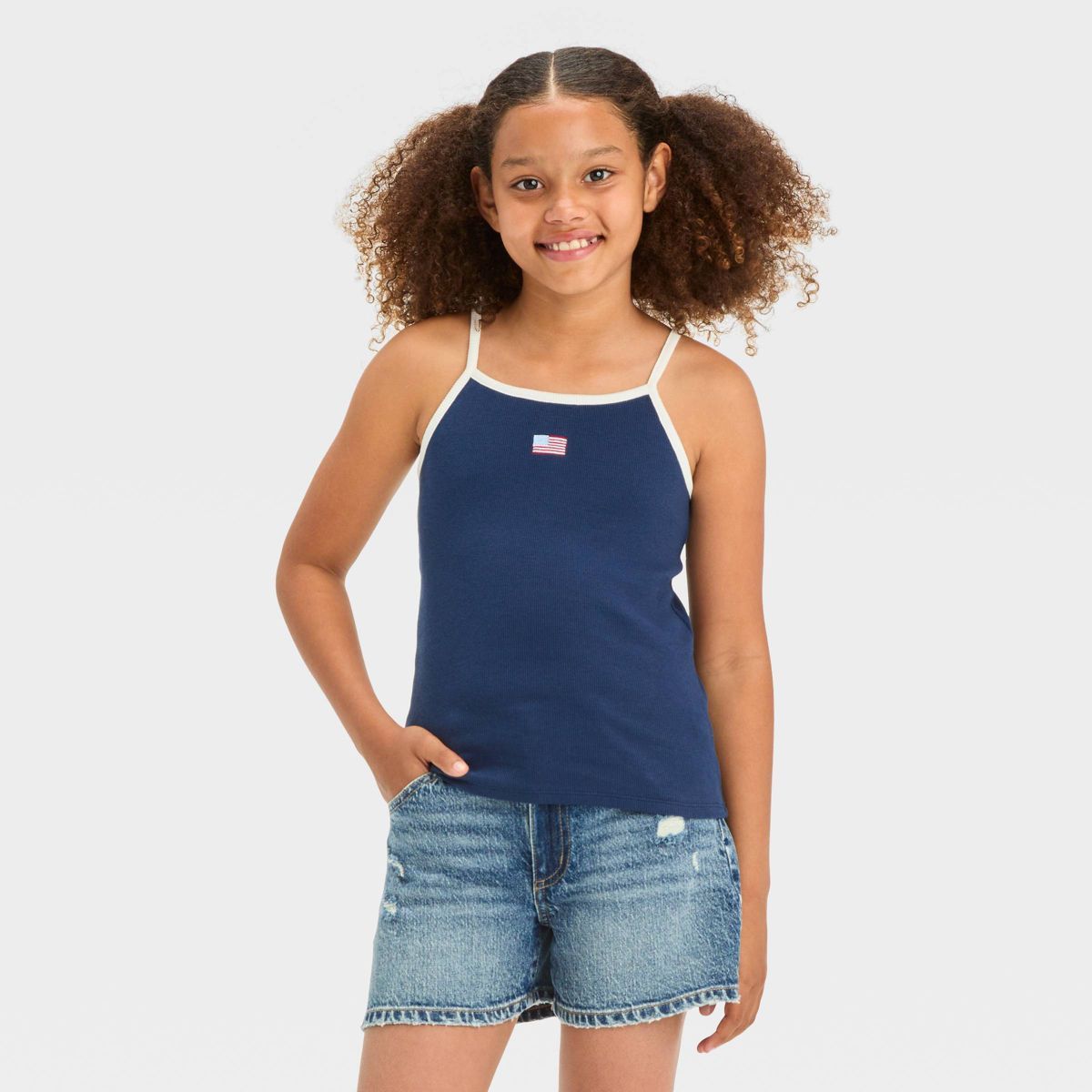 Girls' Embroidered Fitted USA Tank Top - art class™ Navy Blue L | Target