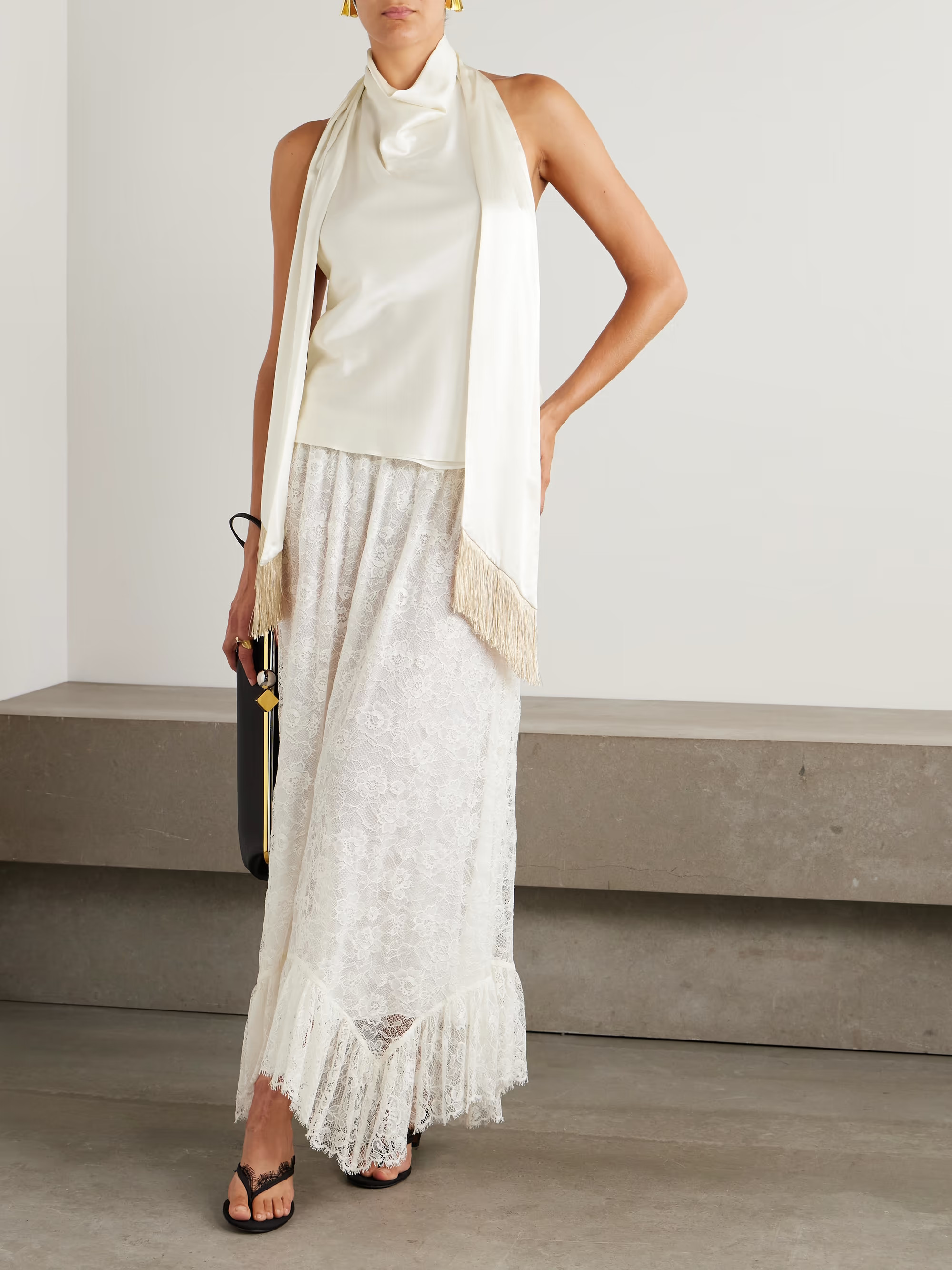 Fringed scarf-detailed draped satin halterneck top | NET-A-PORTER (US)
