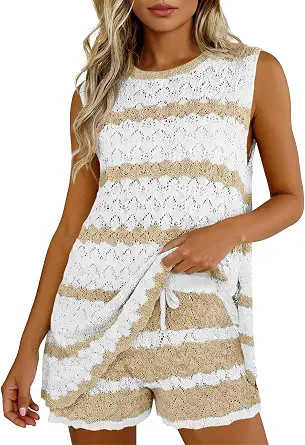 Fisoew Womens Crochet Swimsuit Coverup Sets Sleeveless Tank Tops Drawstring Shorts Sets Summer Be... | Amazon (US)