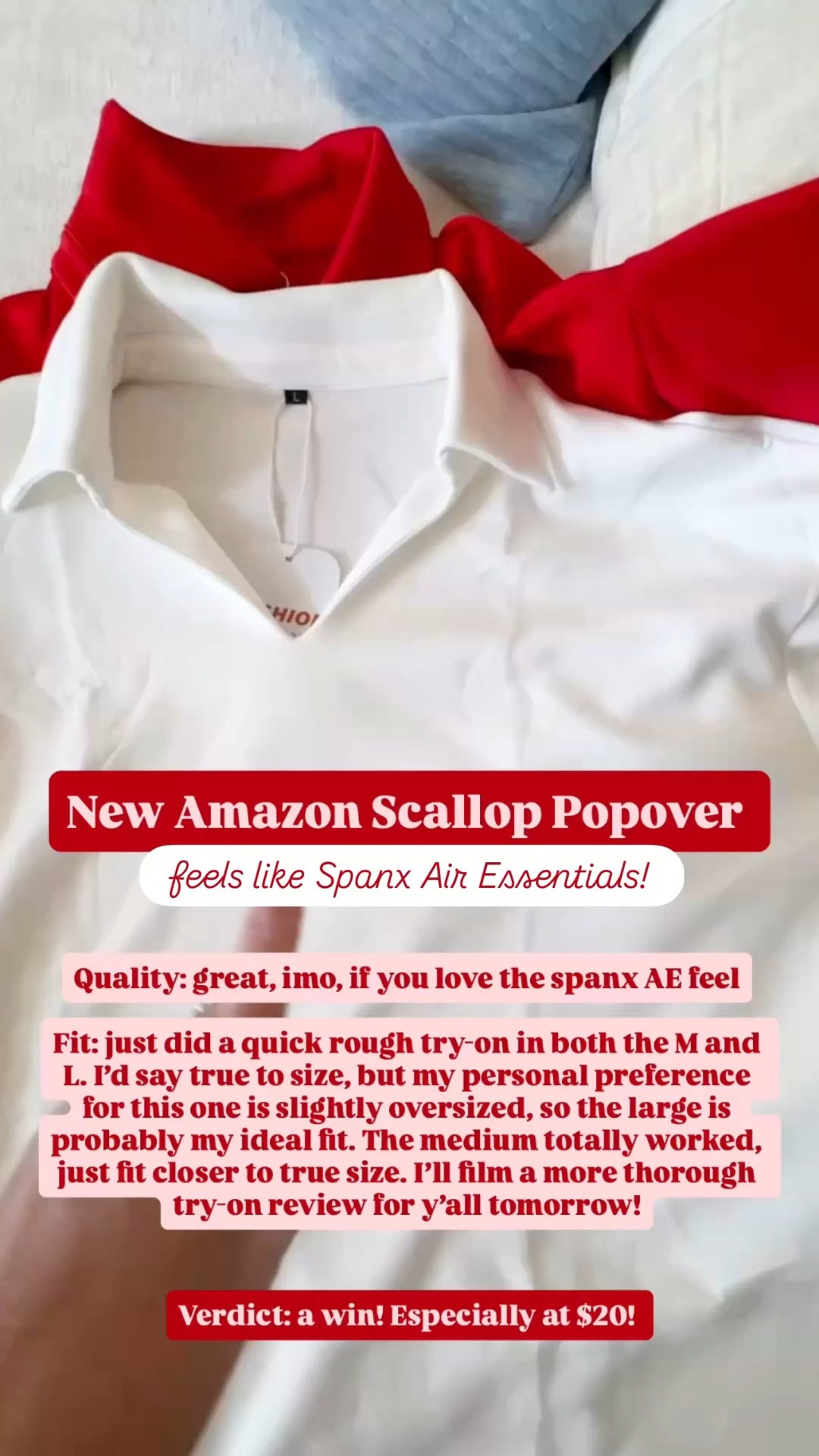 Amazon scallop trim top | preppy summer top | Spanx AirEssentials look for less | wrinkle resistant top | summer outfit

These Amazon scalloped popover tops just came in, and they are absolutely a win for $20.

The fabric has that smooth, soft, polished feel that reminds me of Spanx AirEssentials, but in an easy lightweight summer top. The scallop hem, relaxed popover neckline, short sleeves, collared shape, and wrinkle-resistant feel make it look much more pulled together than a basic tee.

I did a quick rough try-on in both a medium and large. I would say true to size, but my personal preference for this one is slightly oversized, so the large is probably my ideal fit. The medium totally worked, just closer to true size.

They come in 5 colors, and they are already going fast.

This is the kind of Amazon top that works with white jeans, denim shorts, chino shorts, linen pants, summer skirts, work pants, or casual weekend outfits. Easy enough for errands but polished enough for teacher outfits, work outfits, brunch, church, lunch dates, vacation outfits, school pickup, casual office outfits, and everyday summer style.

If you love preppy summer outfits, scalloped tops, Amazon fashion finds, Spanx AirEssentials looks for less, wrinkle resistant tops, white jeans outfits, teacher outfits, work outfits, and affordable elevated basics, this is one of those $20 finds I would check before the best colors disappear.

Amazon scallop trim top, Amazon top, Amazon fashion find, scalloped top, scallop trim shirt, preppy summer top, summer top women, wrinkle resistant top, Spanx AirEssentials look for less, soft top, popover top, white jeans outfit, teacher outfit, work outfit, casual office outfit, vacation outfit, summer outfit, elevated basic, designer look for less

#LTKFindsUnder50 #Popover #PreppyStyle #SpanxAirEssentials #LookForLess #SummerOutfits #ScallopTop

#LTKWorkwear #LTKOver40 #LTKTravel