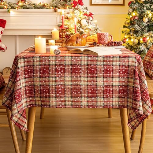 AQOTHES Red Plaid Snowflake Christmas Tablecloth 60x84, Tartan Table Cloth Decorations, Winter Holiday Tablecloths for Rectangle Tables Parties Dining Farmhouse Kitchen Decor | Amazon (US)