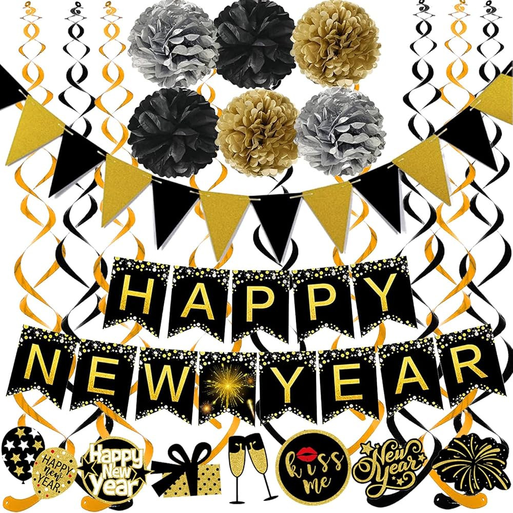 Famoby Happy New Year Banner Pom poms Triangle flag Swirls Garland Hanging Bunting for Happy New ... | Amazon (US)