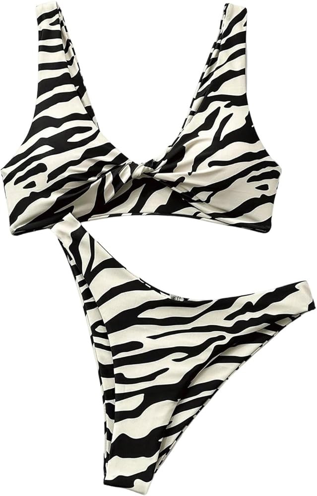 GORGLITTER Women's Zebra Striped Swimsuit 2 Piece Twist Front High Cut Hipster Bikini Bathing Sui... | Amazon (US)