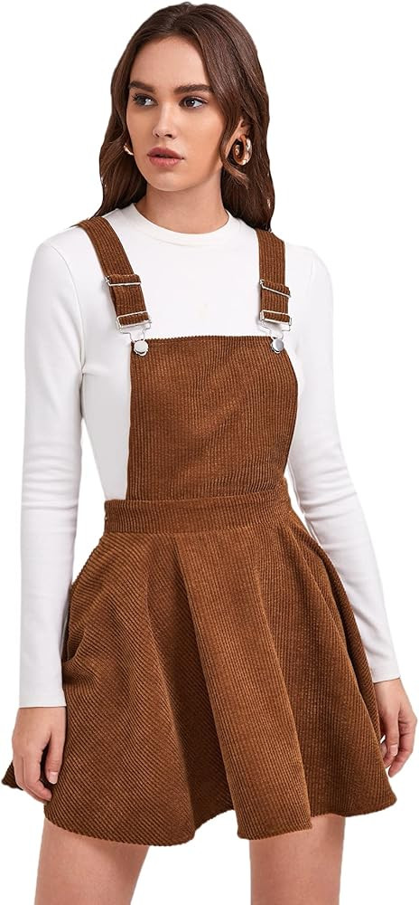 MakeMeChic Women's Corduroy Adjustable Straps Pleated Mini Pinafore Overall Dress | Amazon (US)