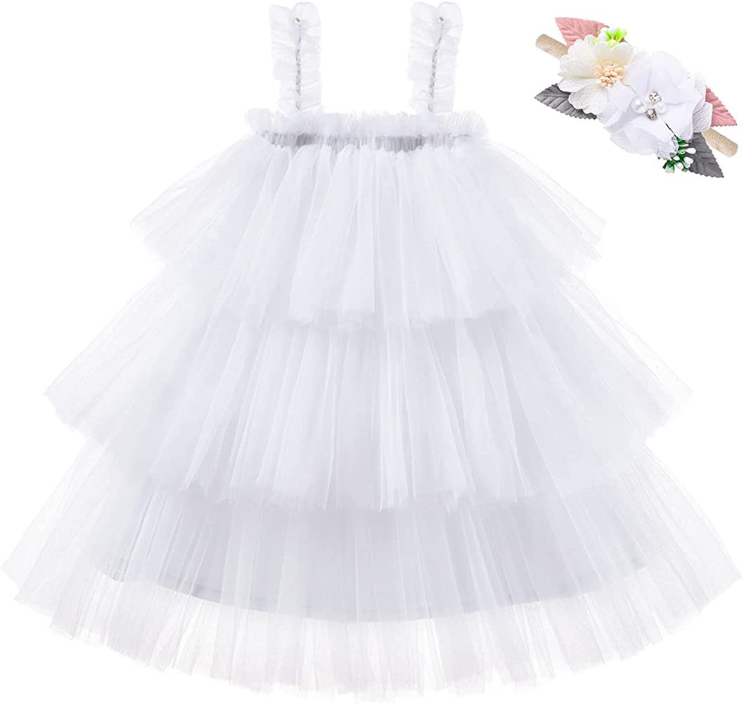Baby Girl Tulle Dress,Toddler Girl Tutu Dress Sleeveless Layered Princess Sundress with Flower Headb | Amazon (US)