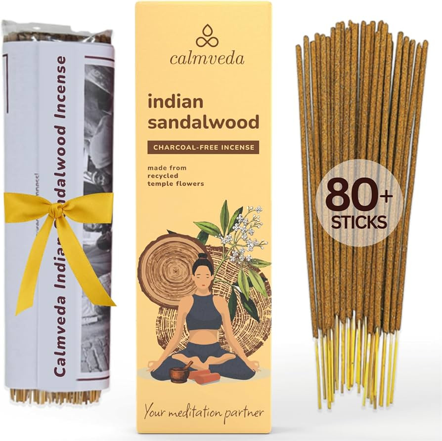 Indian Sandalwood Incense Sticks - 80 Sticks, Charcoal Free, Upcycled Flowers, All Natural, Non T... | Amazon (US)
