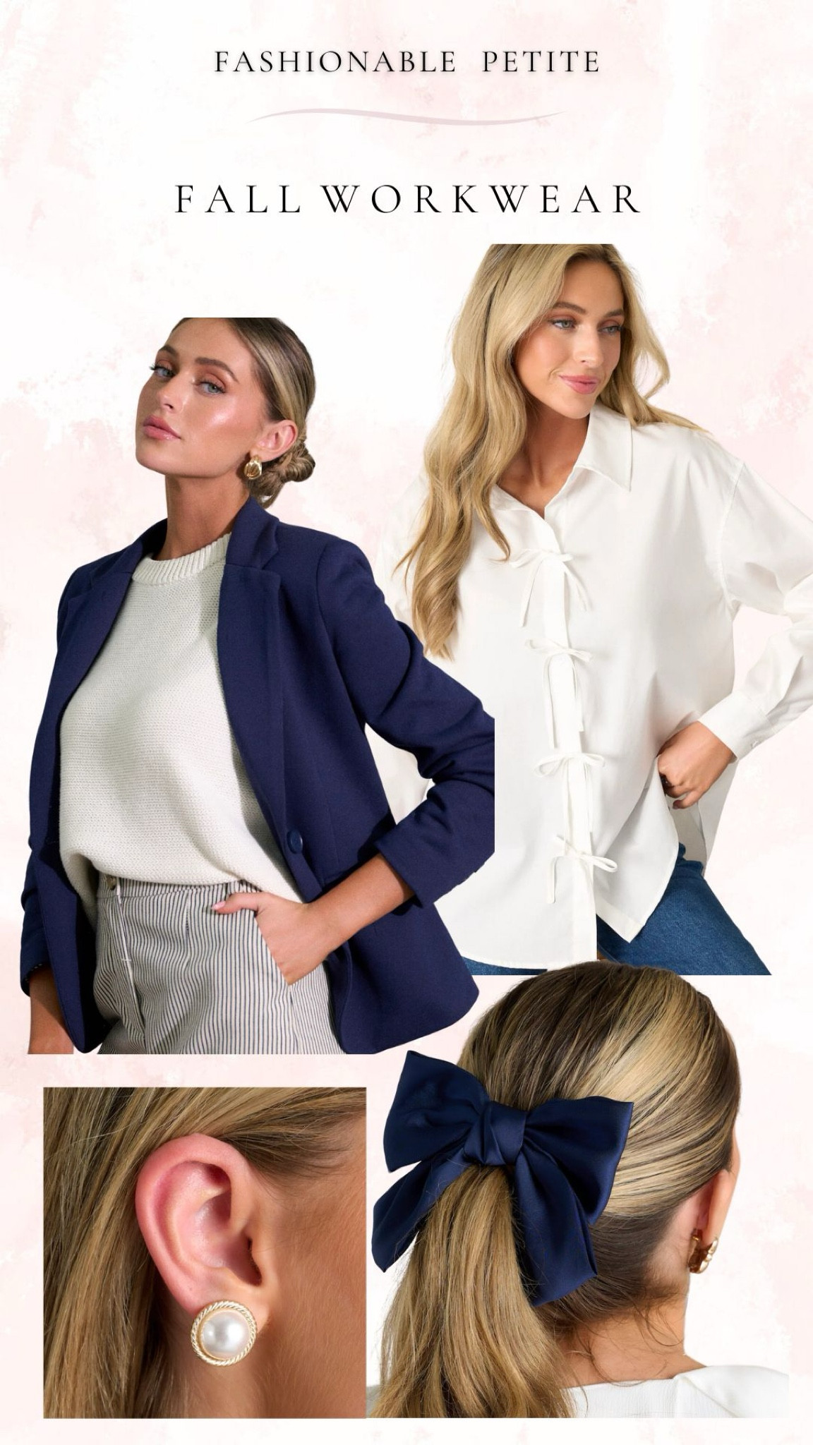 Fall workwear ideas, including a bow button up short, navy blazers, and accessories. 
Work outfit, workwear, office outfit, blazer, blazer outfit 

#LTKFindsUnder100 #LTKWorkwear