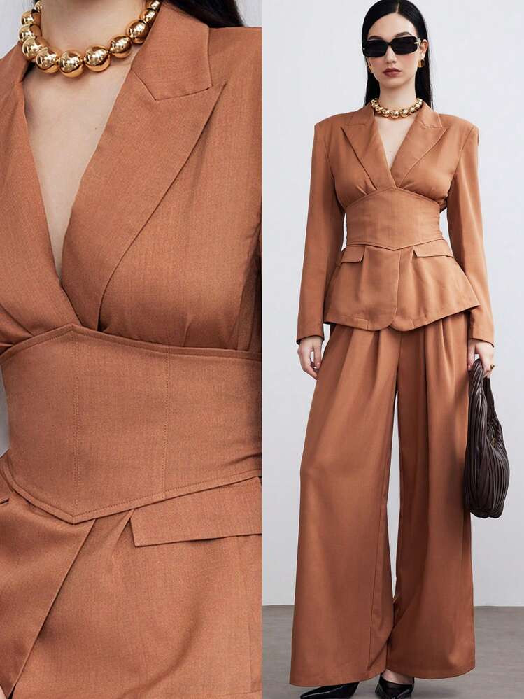 Heiryn Women's Suit Sets Street Casual Blazer Suit With Waist Band (Jacket+Pants) , Commuter Style, Autumn&Winter 2 Pieces Set | SHEIN