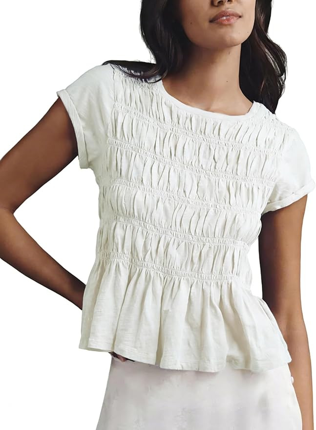 Shiyifa Womens Peplum Babydoll Tops Smocked Ruched Crew Neck Cap Sleeve Tee | Amazon (US)