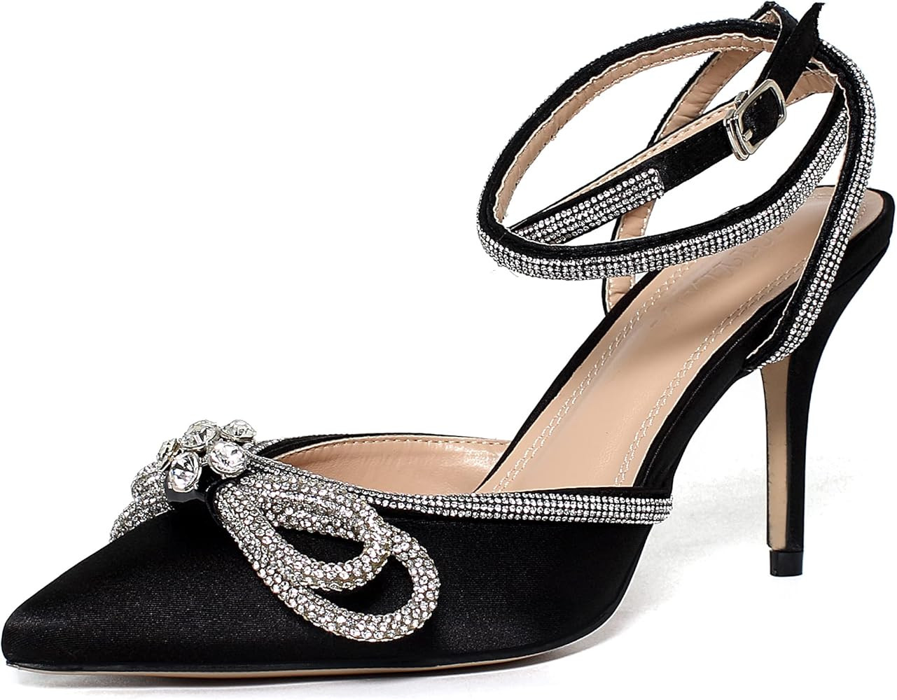Women's High Heeled Sandals Pointed Toe Double Crystal Bow Glitter Satin Backless Ankle Straps Bu... | Amazon (US)