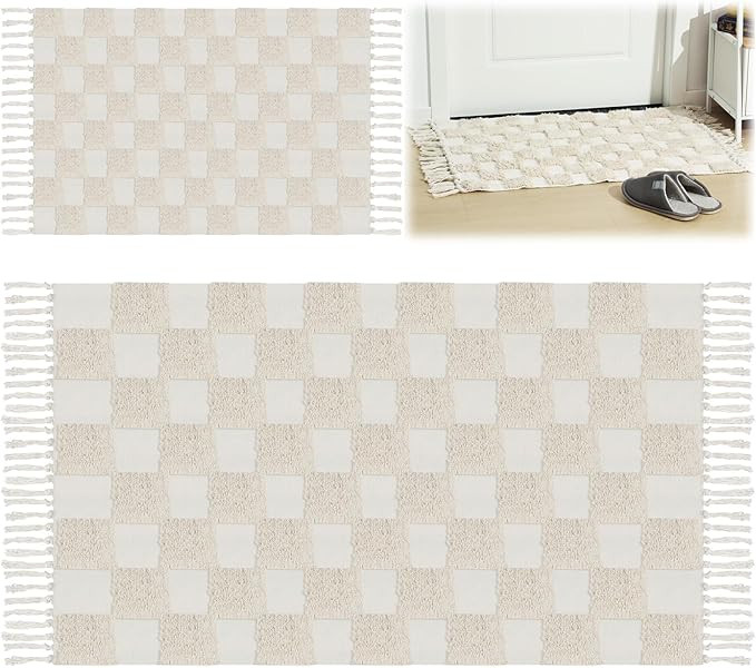 2 Pcs Boho Bathroom Rug 3' x 5' and 3' x 2' Checkerboard Tufted Rug with Tassels Washable Checker... | Amazon (US)