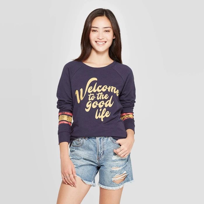 Women's Welcome To The Good Life Long Sleeve Graphic Sweatshirt - Zoe+Liv (Juniors') - Navy | Target