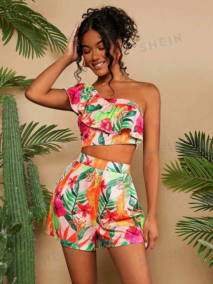SHEIN VCAY Women's Tropical Plant Print One Shoulder Ruffle Trim Top And Shorts Two Piece Beach S... | SHEIN