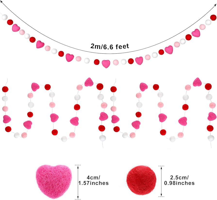 2 Pieces Valentine's Day Felt Ball Garlands Heart Ball Felt Banners Colorful Pom Pom Garlands Flu... | Amazon (US)
