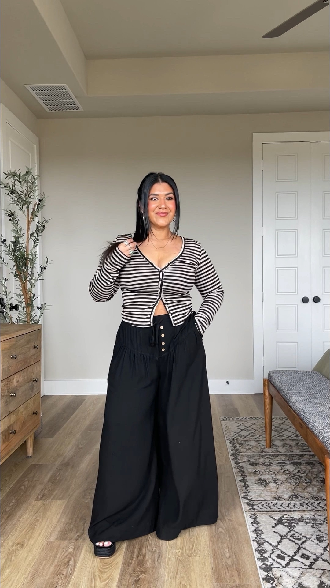 I’m 5’1” size 12 wearing my true size large in the pants and top. Pants are a little long on me but with these platform sandals, they’re perfect! They are SO comfortable and flattering. Top is very soft and stretchy, with functional buttons. 

#LTKootd #LTKMidsize #LTKOver40