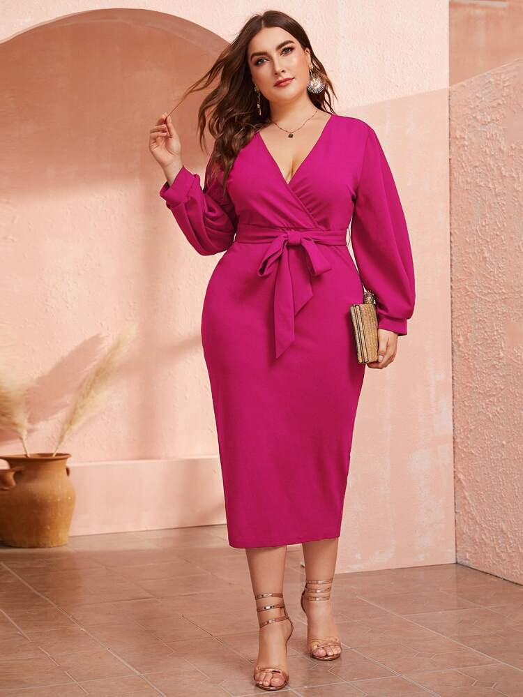 SHEIN Plus Surplice Neck Slit Hem Belted Dress | SHEIN