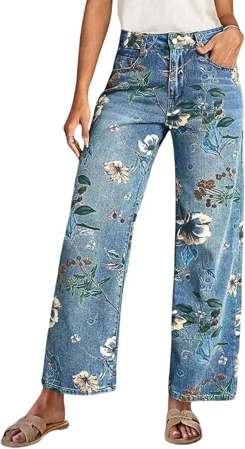 yoeasy Women's Straight Leg Jeans High Rise Vintage Floral Printed Wide Leg Trendy Stretchy Baggy... | Amazon (US)
