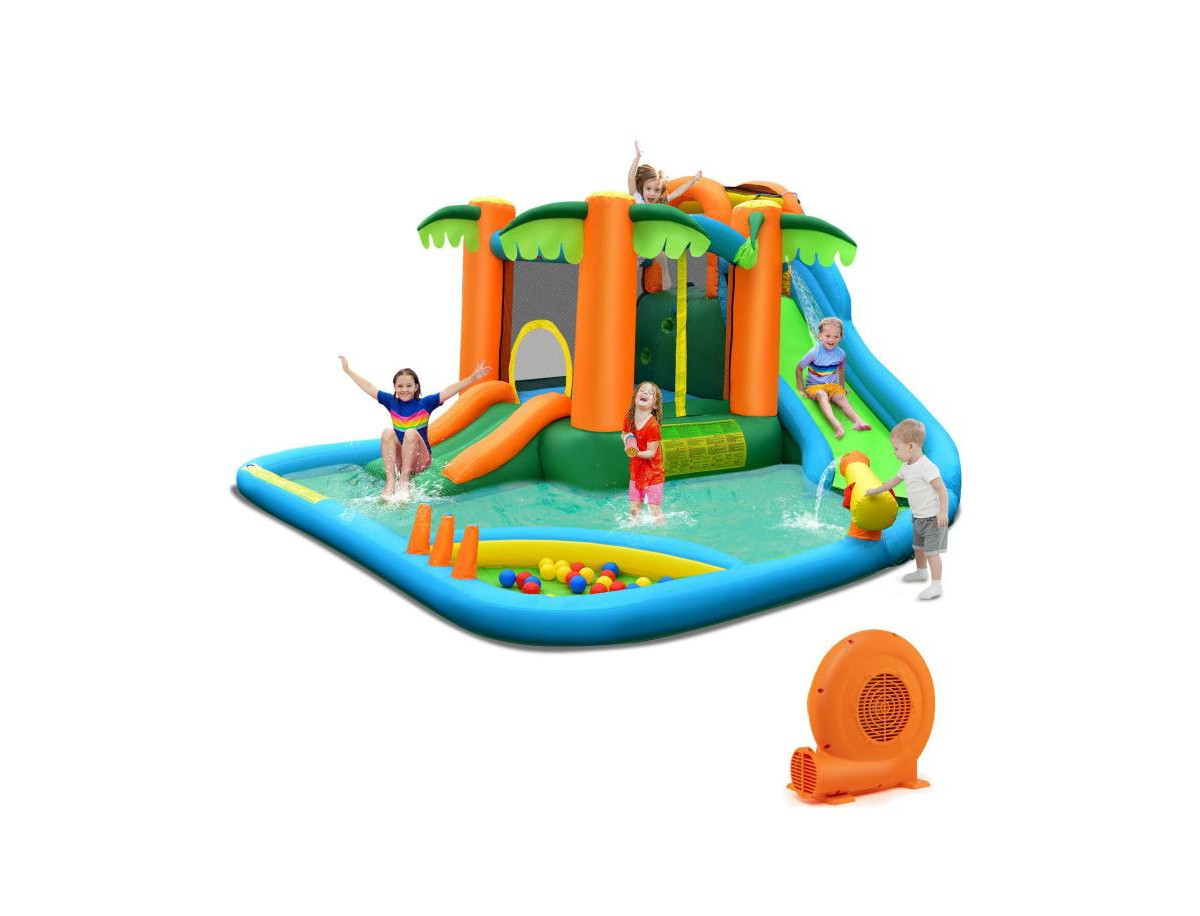7-in-1 Inflatable Water Slide Park with Trampoline Climbing and 680W Blower - Green | Macy's