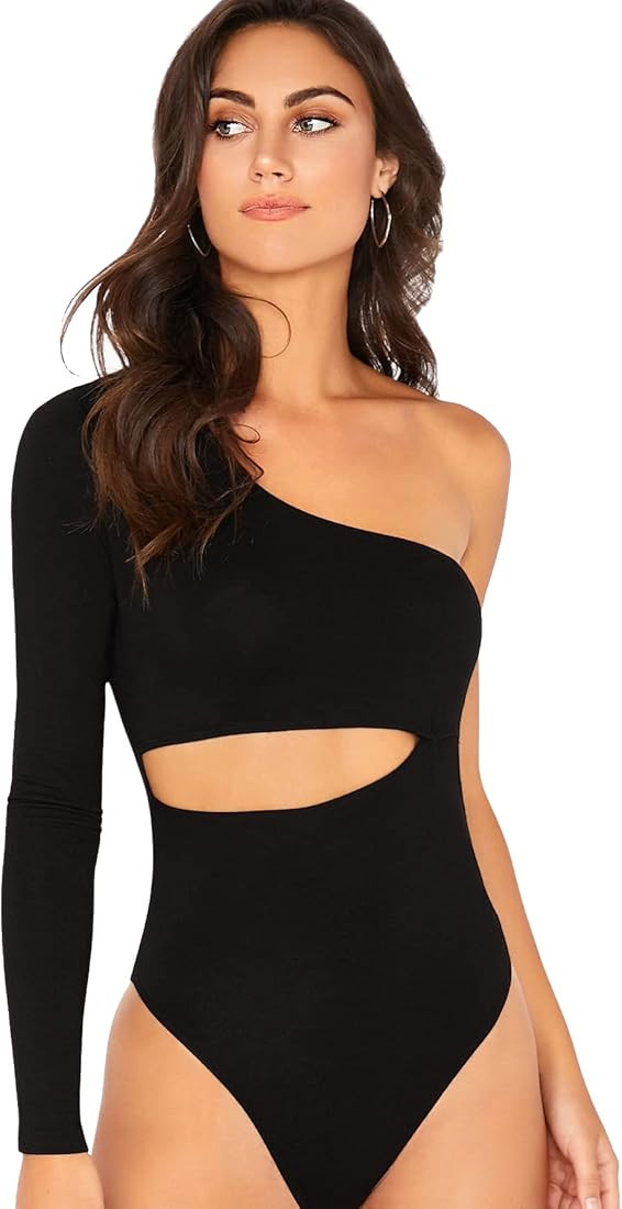 Verdusa Women's One Shoulder Long Sleeve Cut Out Skinny Leotard Bodysuit Top | Amazon (US)