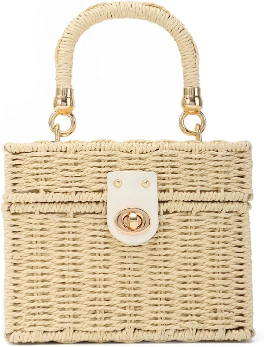 Wicker Rattan Purse for Women Summer Beach Woven Straw Tote Bag | Box Basket Bucket | Amazon (US)