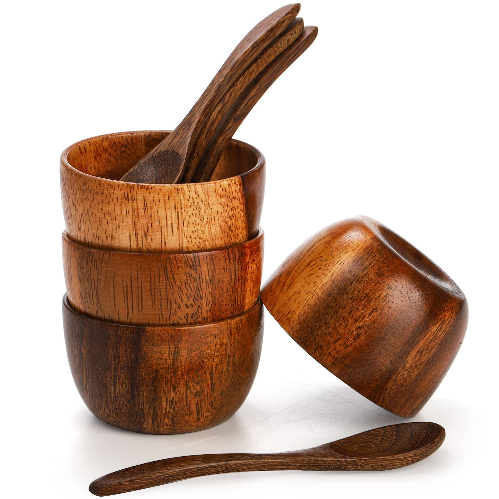 Lyellfe Set of 4 Acacia Wooden Bowl, 4 Oz Dipping Sauce Bowl with Spoon, 3 Inch Small Charcuterie... | Amazon (US)