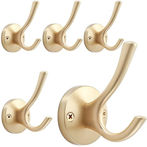 TOFIIGREM Gold Wall Hooks, 5 Pack Coat Robe Hook Heavy Duty Metal Double Bath Hook Wall Mounted, Hand Towel Hooks for Cubicle Bathroom Kitchen Closet Garage | Amazon (US)