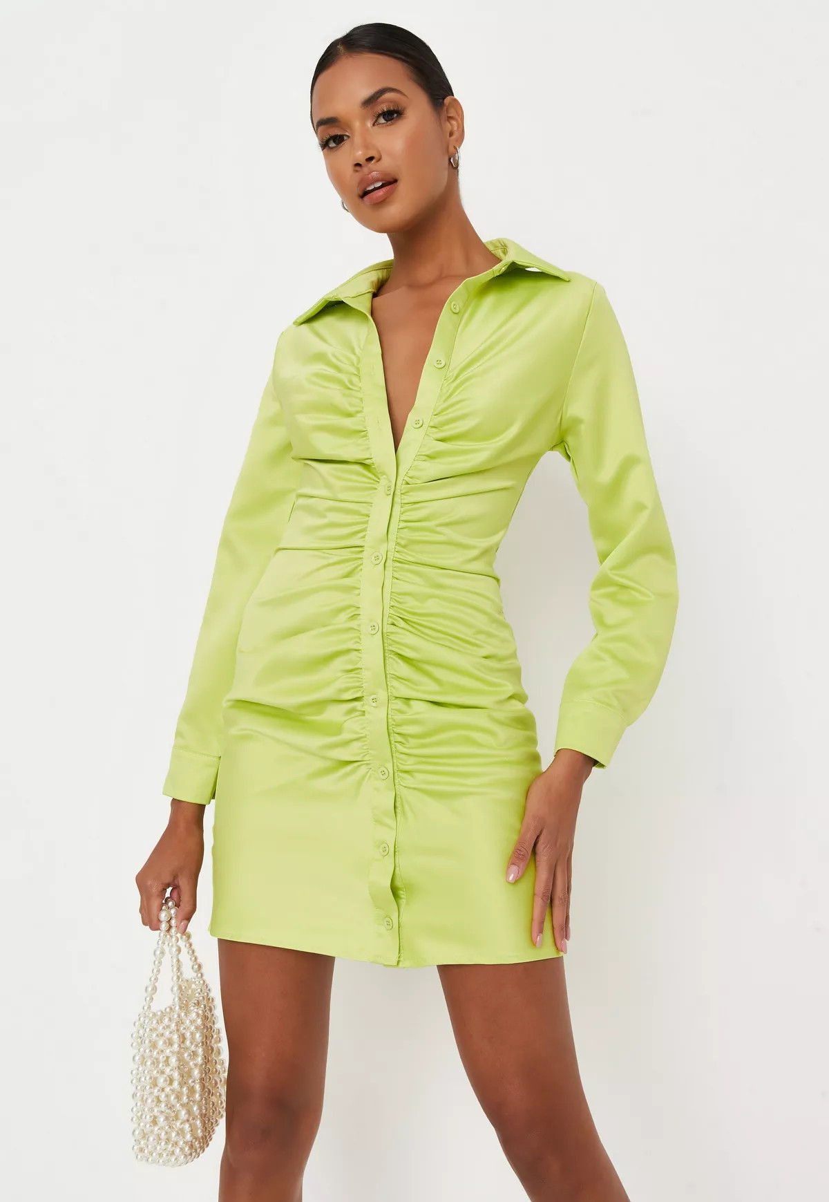 Lime Satin Ruched Front Shirt Dress | Missguided (US & CA)