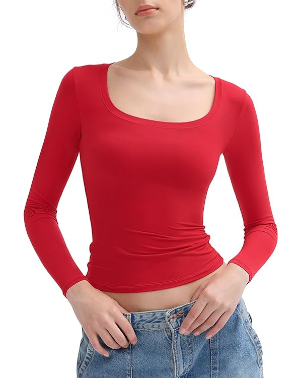 PUMIEY Women's Long Sleeve T Shirts Scoop Neck Slim Fit Going Out Tops Double Lined Basic Tee Smo... | Amazon (US)