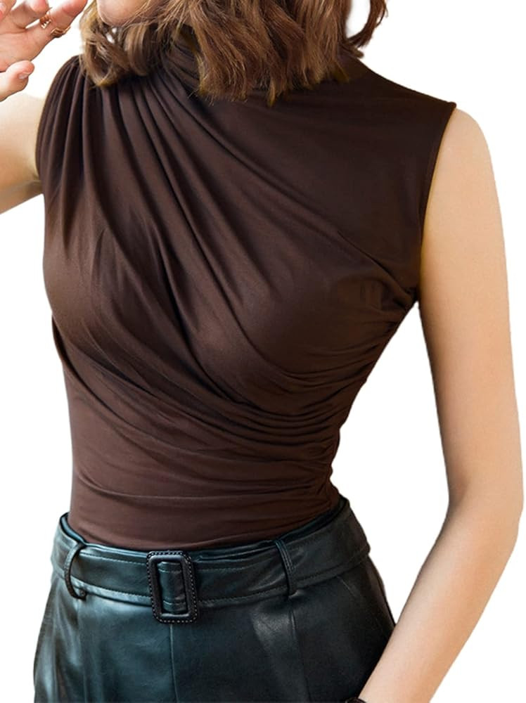 Avanova Women's Sleeveless Mock Turtleneck Tank Top Fitted ​Ruched Shirt Blouses | Amazon (US)