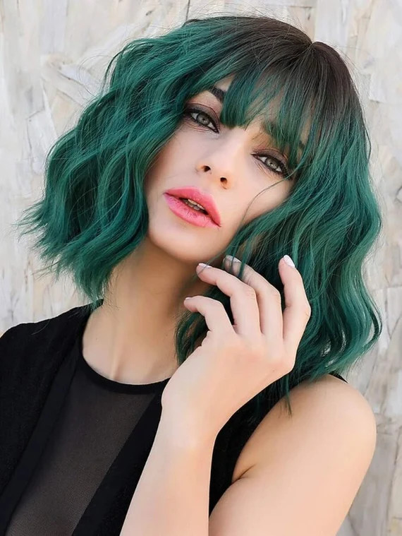 Natural Curly Wavy Green Wig with Bangs Synthetic Beautiful Short Sexy Green Wig | Etsy (US)