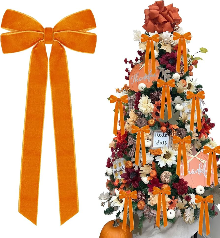 12Pcs Fall Velvet Ribbon Bows Tree Decorations,5in x 10in Orange Christmas Ornaments for Tree Hom... | Amazon (US)
