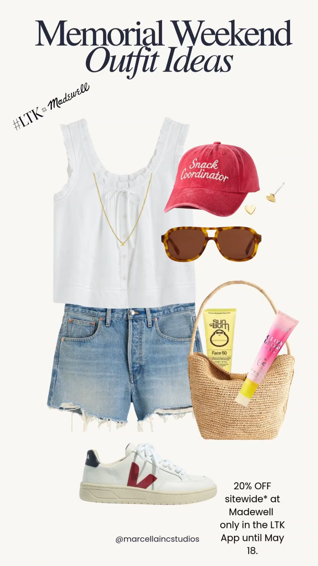 Madewell Sale Event: 20% OFF Summer Basics! 🏷️✨

Shop the exclusive Madewell LTK Sale before it ends on May 18th! Styling a white eyelet tank top with classic denim shorts and tortoiseshell aviator sunglasses for an easy, comfortable Memorial Day weekend outfit.

Paired with an Anthropologie baseball hat ("Snack Coordinator"), a straw shoulder bag, white Veja sneakers, and my favorite summer beauty essentials.

Deal Details: The top, denim shorts, sunglasses, and bag are all 20% OFF in the app! Tap the post to copy your exclusive discount code before it expires.

#madewell #denimshorts #vejasneakers #anthropologie #memorialdayoutfit

#LTKxMadewell #LTKootd #LTKSaleAlert