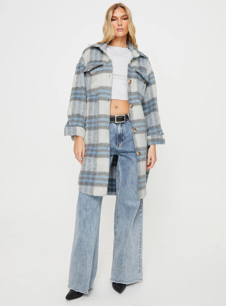 Salonge Longline Plaid Shacket Blue Check | Princess Polly US