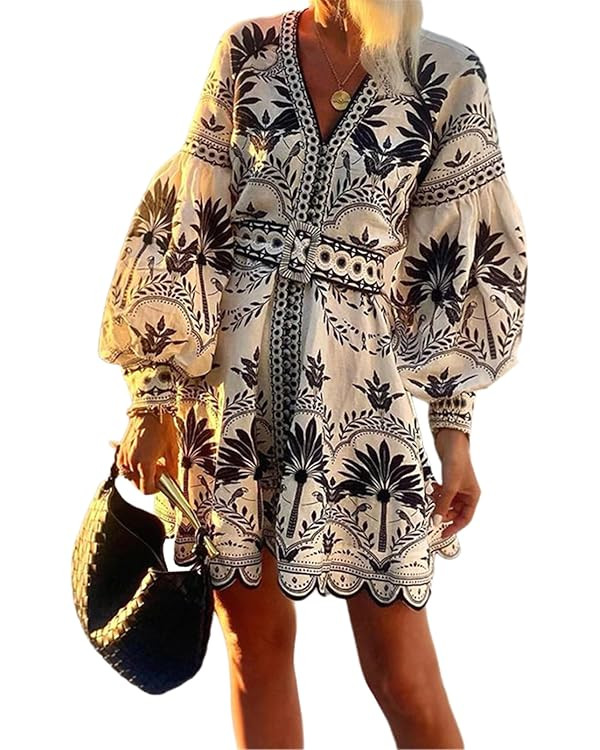 Qikaka Womesn Sexy Puff Sleeve Deep V Neck Printed Bodycon Sexy Nightclub Party Belted Mini Dress | Amazon (US)