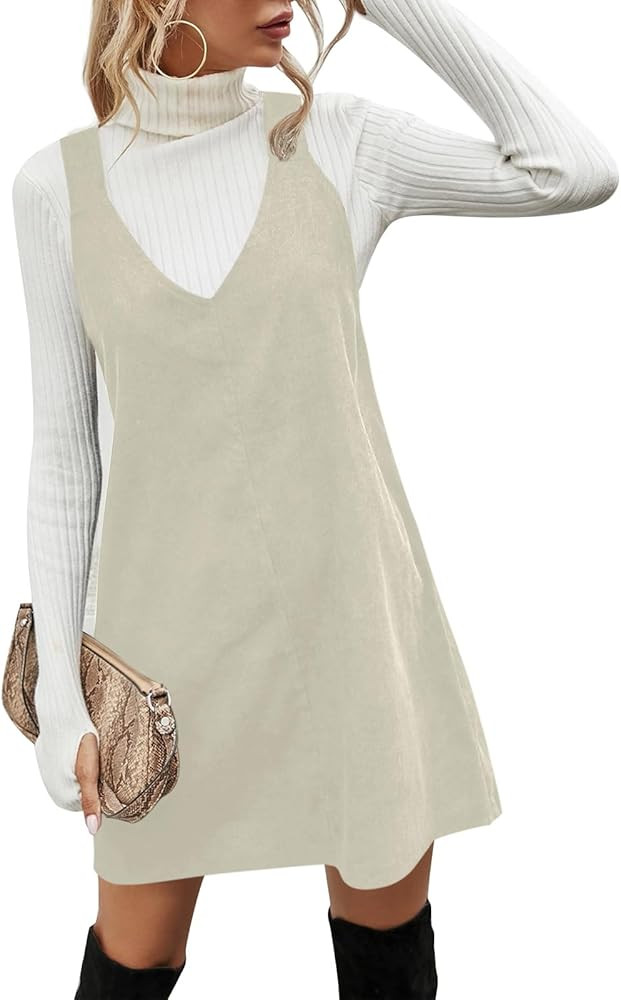 Koinshha Women's Fashion Corduroy Overall Dress V-Neck Sleeveless Cute Short Pinafore Dresses | Amazon (US)