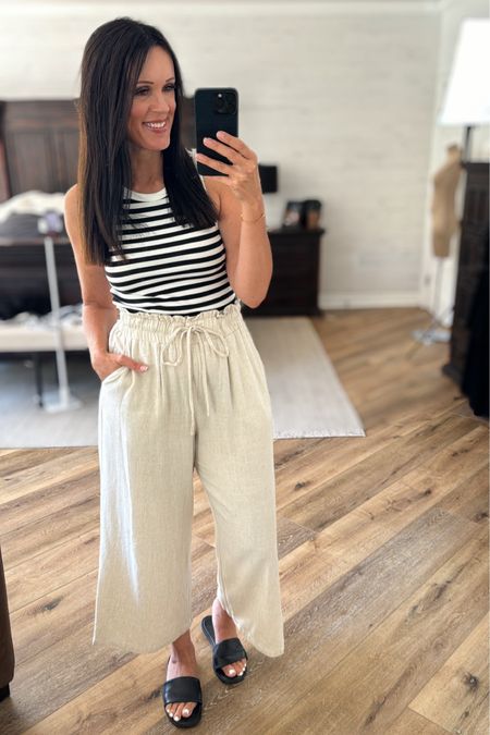 Easy summer look.

Sizing:
Linen pants-Amazon, medium 
Tank-H&M, small

summer outfit | sandals | casual outfit | vacation outfit | high waisted pants 

#LTKFindsUnder50 #LTKOver40 #LTKStyleTip