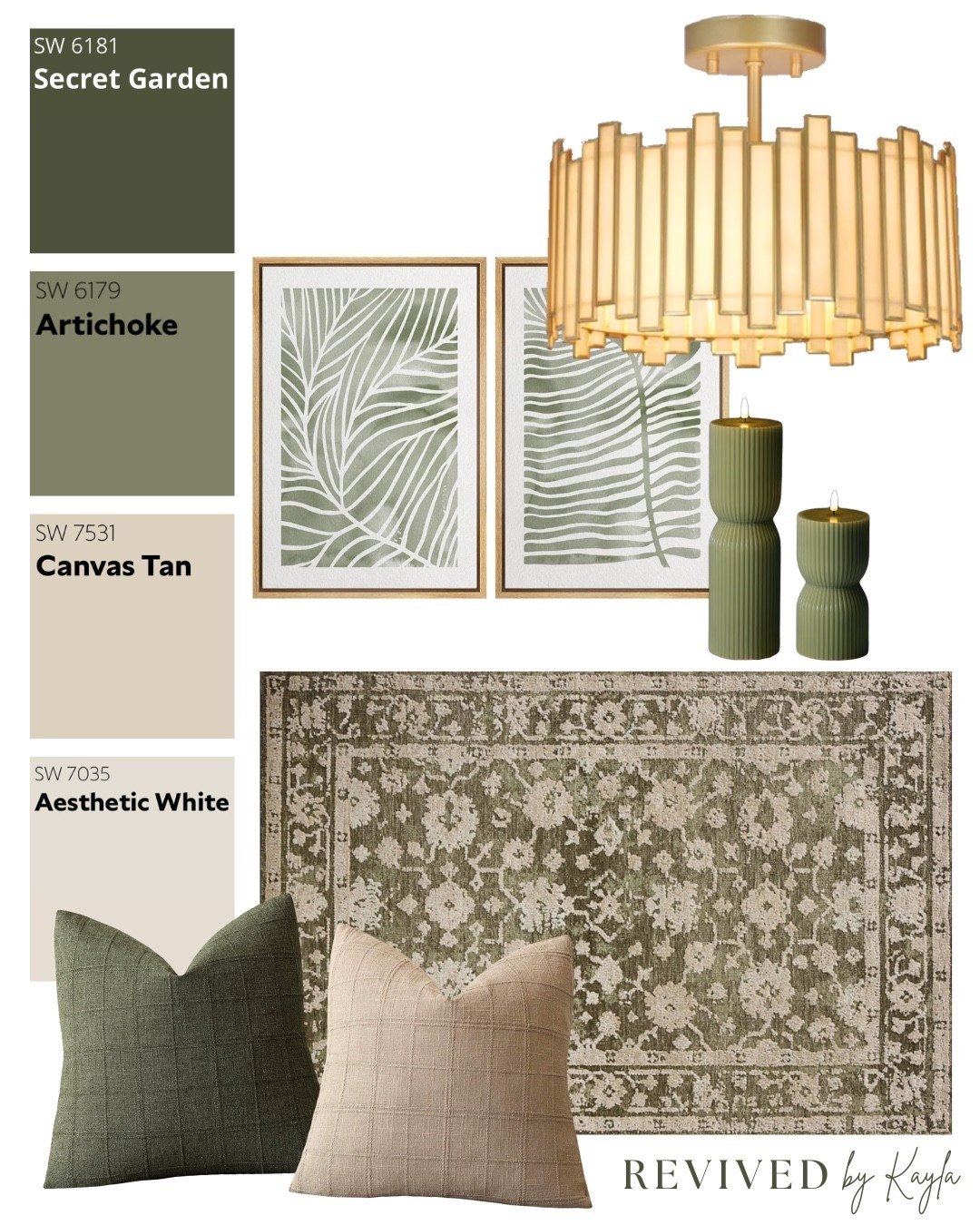 Green and tan room design mood board 🌿✨

#moodboard #homedecor #homedesign #greendecor #livingroom #bedroom #office #homeinspo #homeideas #paintcolors #sherwinwilliams #modern #cozy #olivegreen #traditional #roommakeover #decor #rug #goldlight

#LTKHome #LTKFindsUnder50 #LTKFindsUnder100