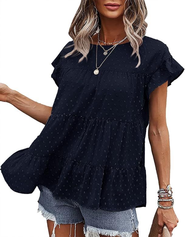PiePieBuy Womens Cap Sleeve Ruffle Babydoll Shirt Blouse Swiss Dot Loose Tunic Top Casual T Shirt | Amazon (US)