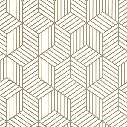 Gold and White Geometric Hexagon Peel and Stick Wallpaper 17.7”x 78.7” Gold Striped Wall Pape... | Amazon (US)