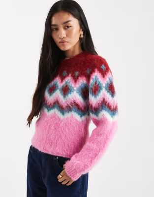 ASOS DESIGN power shoulder fairisle brushed jumper in pink | ASOS | ASOS (Global)