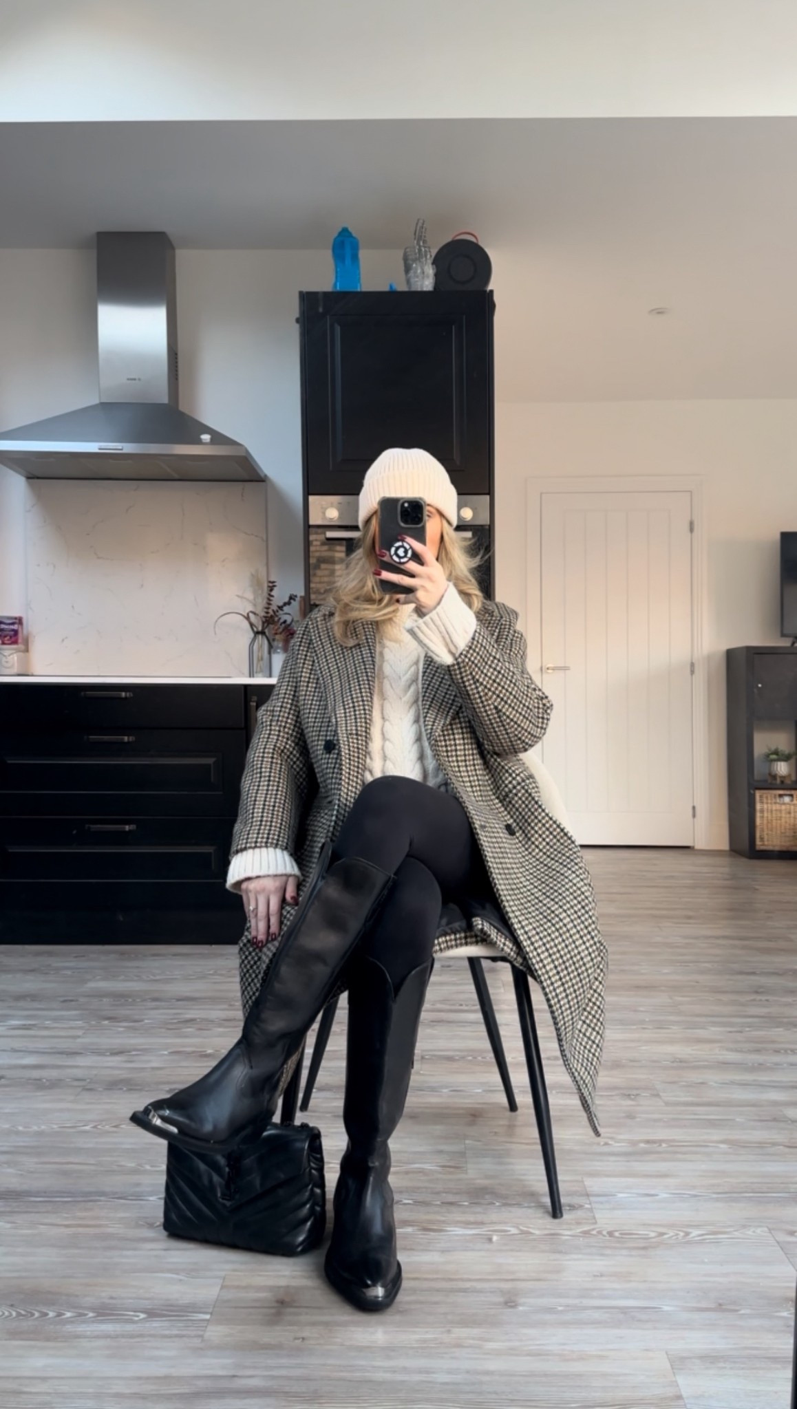 A put together outfit idea styling a smart checked coat, a pair of soft leggings a cable knit and knee high boots. 

Autumn outfit idea 

#LTKstyletip #LTKautumn #LTKuk