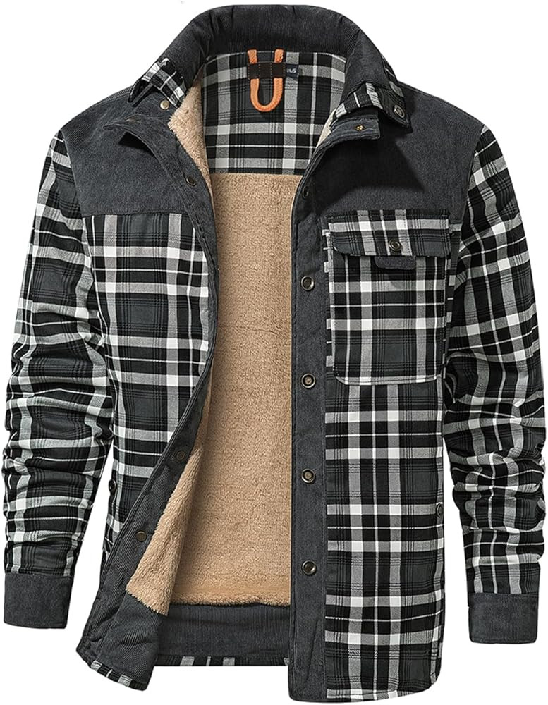 Haellun Men's Long Sleeve Sherpa Lined Shirt Jacket Flannel Plaid Fleece Coats | Amazon (US)