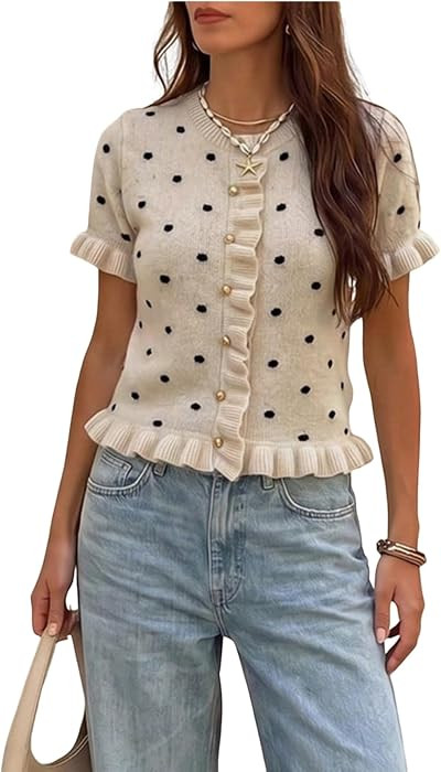 WDIRARA Women's Polka Dots Short Sleeve Cardigan Ruffle Button Down Sweater | Amazon (US)