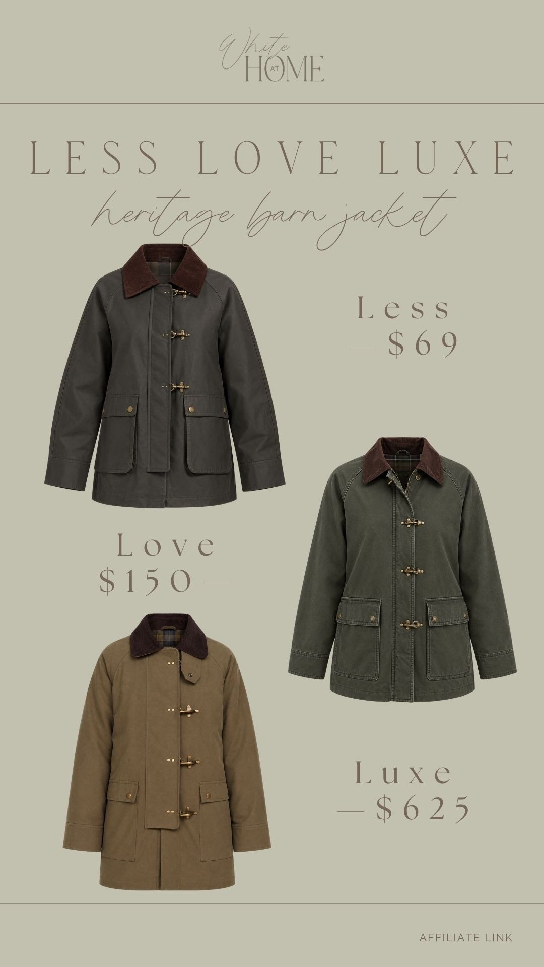 I’m eyeing this less love luxe for myself!! How trendy and timeless are these barn style jackets. A major savings across the board here—$69 vs $150 vs $625!!